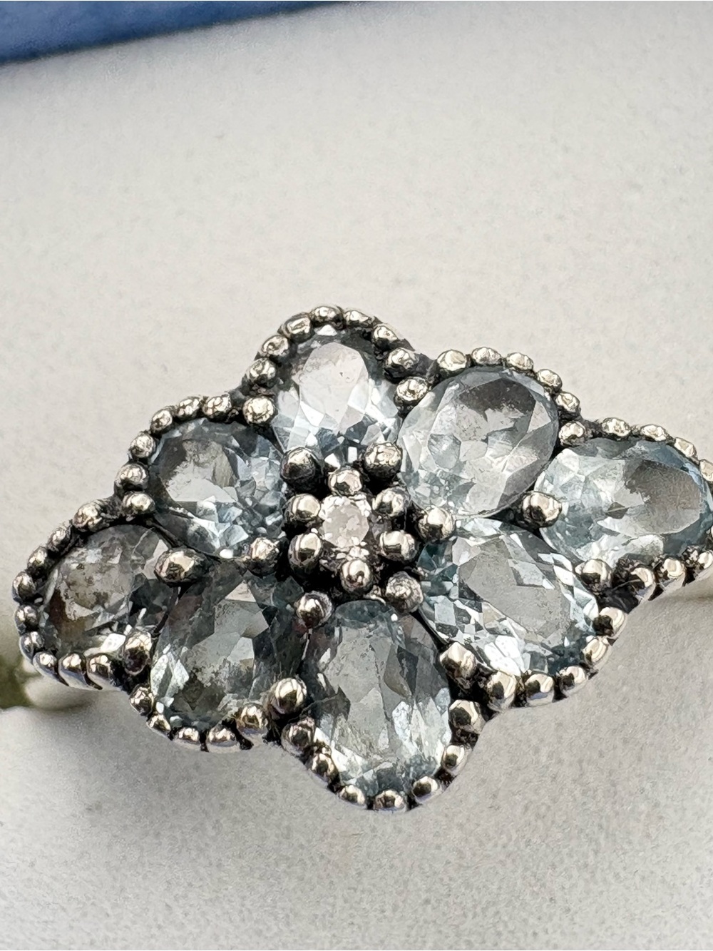 Beautiful Aquamarine Sterling Silver Floral Ring with Light Blue Gemstones